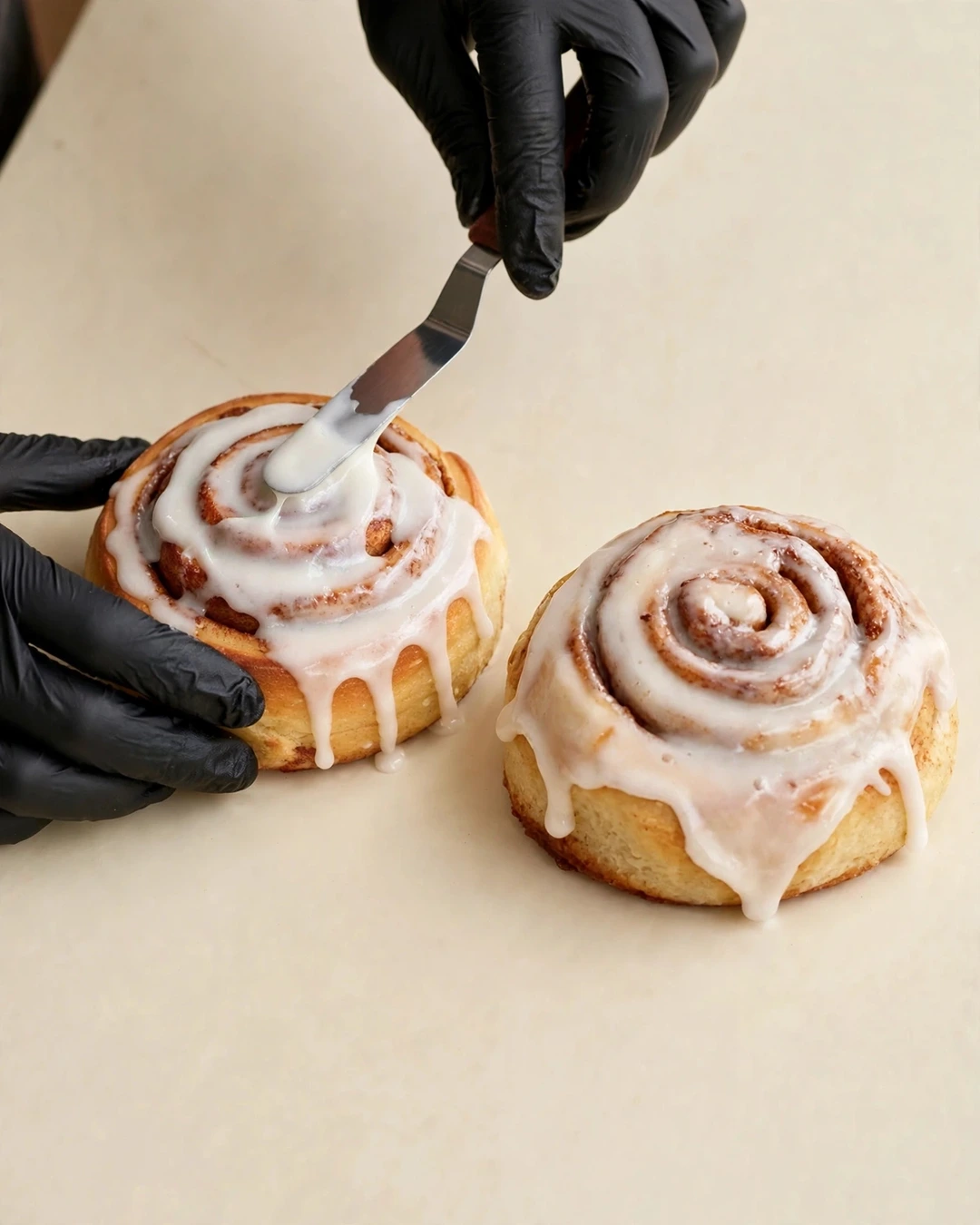 Hands glazing a fresh batch of cinnamon rolls