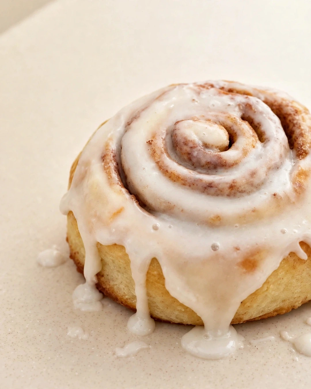 Close-up of a glazed cinnamon roll with glaze dripping over the edge