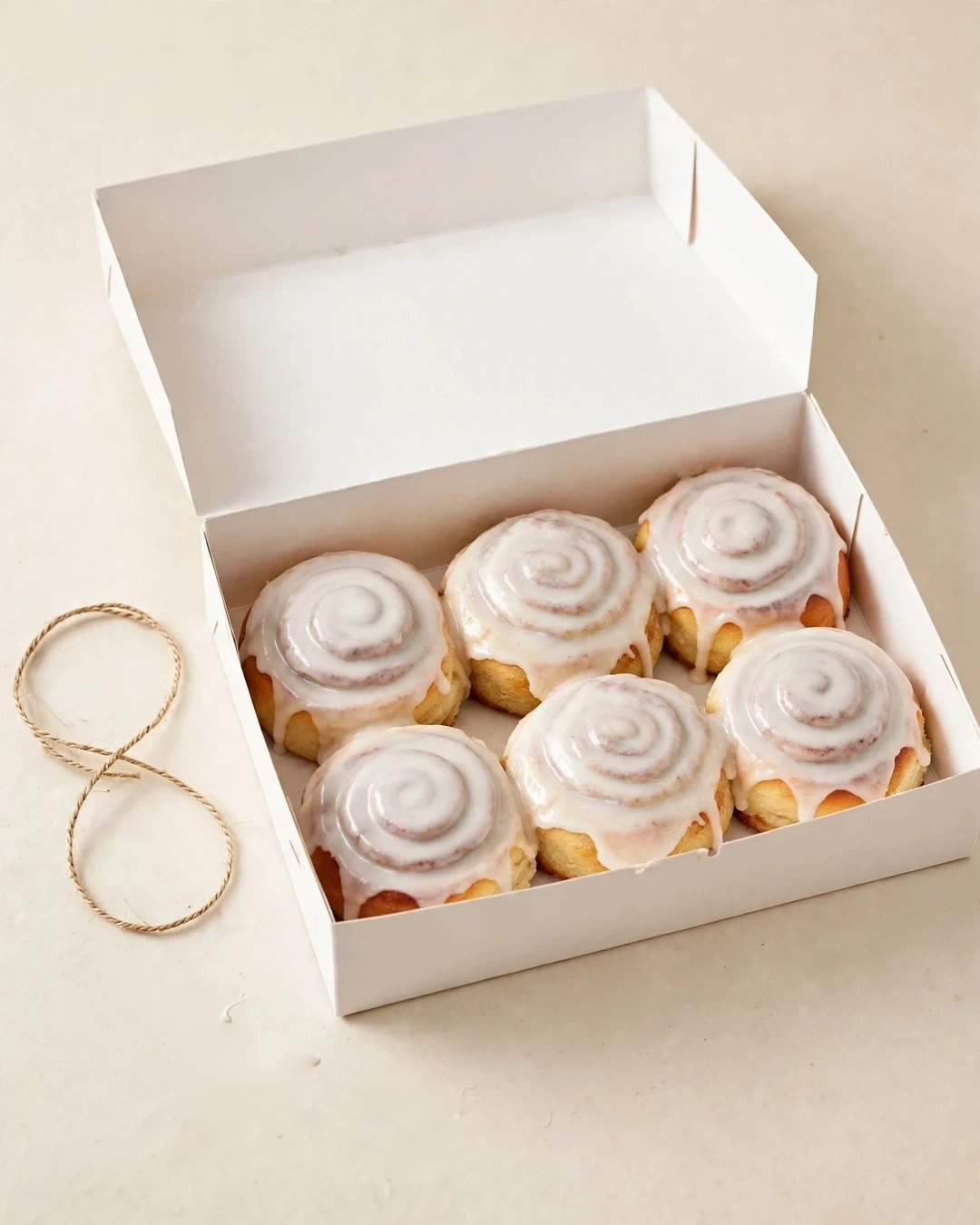 Open box of glazed cinnamon rolls